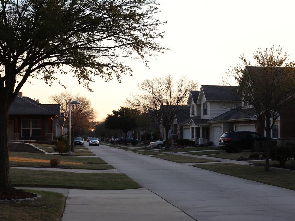 Residential street in Round Rock, Texas with established homes and mature trees